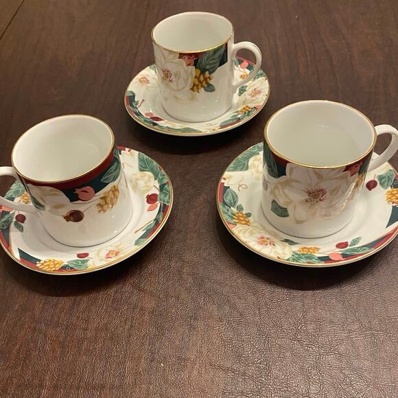 Tienshan Fine China Magnolia Floral Tea Cup & Saucer Set of 3 Gold Trim Vintage - Picture 1 of 7